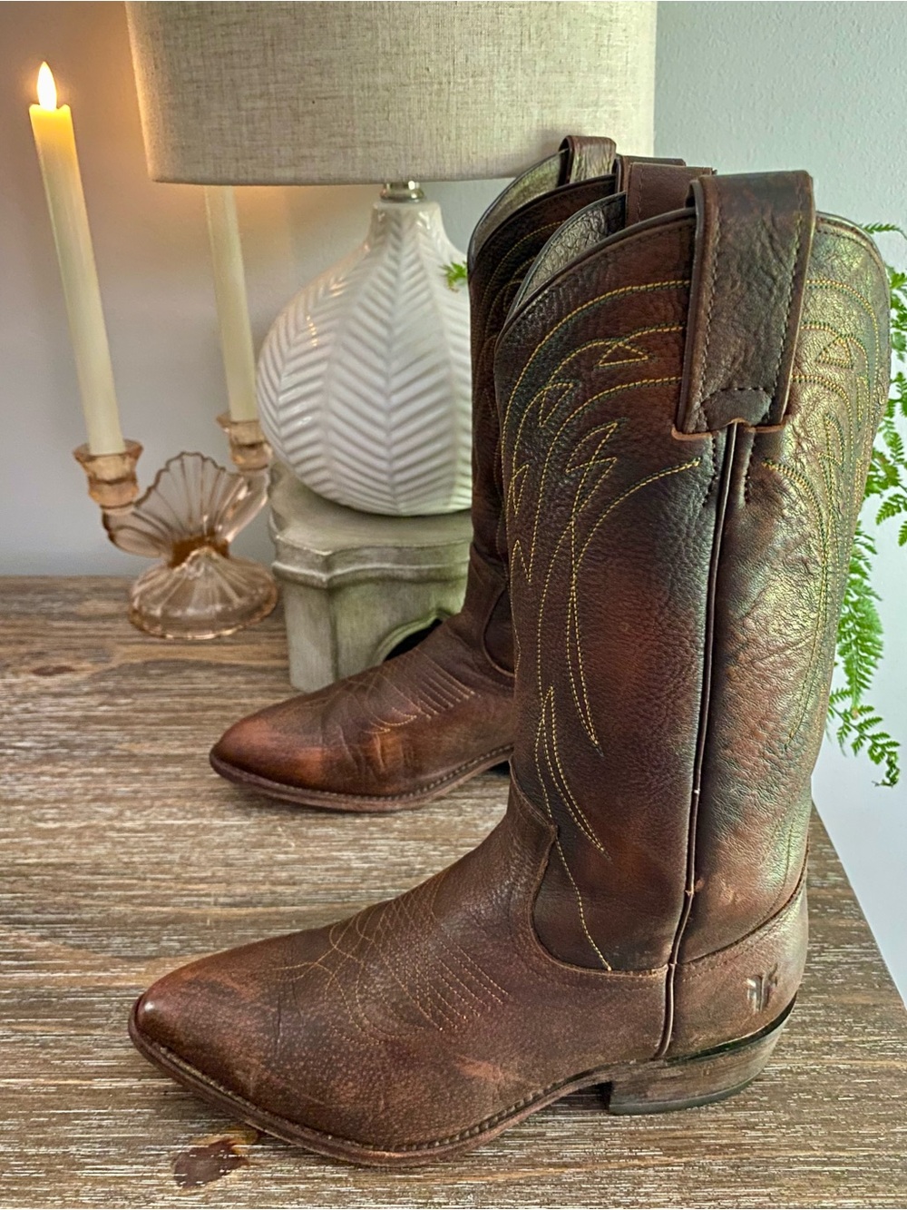 Vtg FRYE Billy Pull-On Deco Stitch Leather Western Cowboy Boots Women 7.5B Brown - Picture 5 of 15